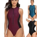 Maillot de bain une pièce pour femmes Décolleté en O Zip au décolleté Bretelles larges Nylon Spandex Polyester Uni Maillot de bain 3