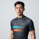 Maillot de ciclismo para hombre en gris oscuro con franjas turquesa y naranja, de manga corta y cremallera de longitud completa con tres bolsillos 3