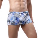 Maillots de bain pour hommes en polyamide et spandex blancs avec imprimé de feuilles bleues à cordon de serrage pour l'été à la plage, à la piscine, en mer, sportifs 2