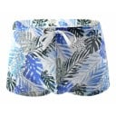 Maillots de bain pour hommes en polyamide et spandex blancs avec imprimé de feuilles bleues à cordon de serrage pour l'été à la plage 1