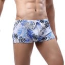 Maillots de bain pour hommes en polyamide et spandex blancs avec imprimé de feuilles bleues à cordon de serrage pour l'été à la plage 2