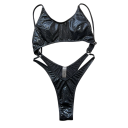 Maillots de bain une pièce pour femmes à fines bretelles avec découpes et anneaux imitation peau de serpent noire en polyester spandex nylon mode 2