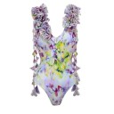 Maillots de bain une pièce pour femmes à larges bretelles décolleté en V fleuri avec franges polyester spandex maillots de bain d'été stylés pour la plage et la piscine 4