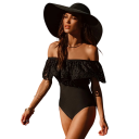 Maillots de bain une pièce pour femmes Couleur noire Uni Style Décolleté en O Sans bretelles Volants Polyester Spandex Élastique Maillots de bain d'été 1