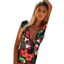 Maillots de bain une pièce pour femmes Décolleté en V Bretelles larges Volants Imprimé floral Polyester Maillots de bain élégants d'été pour la piscine et la mer 2