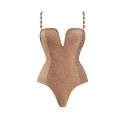 Maillots de bain une pièce pour femmes Unis Couleur Décolleté en V Fines bretelles Polyester Spandex Élastique Maillots de bain d'été pour la plage marron