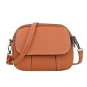 Mala de crossbody feminina com forma arredondada Aba frontal e costura decorativa Fecho de correr Superior Alça com mosquetões Couro PU 19 x 3