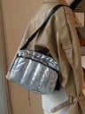 Mala de senhora acolchoada crossbody com superfície brilhante Alça larga ajustável Fecho de metal Algodão e poliéster 24 x 18 x 8 cm 8