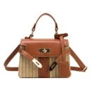 Mala de senhora crossbody de palha trançada e pele PU Pequena mala com alça e correia ao ombro Aba com fecho metálico 19,5 x 8,5 x 15 3