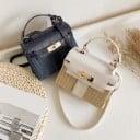 Mala de senhora crossbody de palha trançada e pele PU Pequena mala com alça e correia ao ombro Aba com fecho metálico 19,5 x 8,5 x 15 7