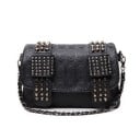 Mala preta crossbody feminina com padrão em relevo de cranios Aba com tachas Bolso com fecho Alça destacável Couro PU e poliéster Estilo rockeiro 1