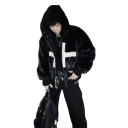 Manteau d'hiver pour homme en fausse fourrure noire Résistant au vent Avec capuche Fermeture éclair Manteau en polyester avec croix sur la poitrine Manteau d'hiver chaud 6