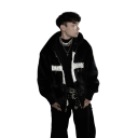 Manteau d'hiver pour homme en fausse fourrure noire Résistant au vent Avec capuche Fermeture éclair Manteau en polyester avec croix sur la poitrine Manteau d'hiver chaud 8