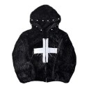 Manteau d'hiver pour homme en fausse fourrure noire Résistant au vent Avec capuche Fermeture éclair Manteau en polyester avec croix sur la poitrine 1