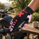 Mănuși sport pentru motocross cu degete întregi, cu imprimeu încrucișat și deget mare întărit, de culoare neagră cu detalii roz pentru utilizare 2