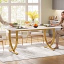 Masă de dining 160 x 80 x 75 cm Blat alb cu colțuri rotunjite Picioare aurii arcuite încrucișate în formă de X cu baze plate 5
