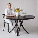 Masă de dining rotundă 74 x 119 x 3 cm cu un blat cu diametrul de 119 cm fără colțuri ascuțite și cu bază arcuită încrucișată, finisaj negru 5