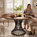Masă de dining rotundă 75 x 120 x 59 cm Cu un blat cu diametrul de 120 cm în motiv de lemn Picior central negru din prute curbate Finisaj maro 6