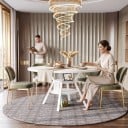 Masă de dining rotundă 76 x 120 x 59 cm cu blat de 120 cm diametru și raft de depozitare între picioare Finisaj alb cu patru picioare deschise 4