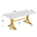 Matbord 160 x 80 x 75 cm för 4 till 8 personer med vit skiva i marmorimitation och gyllene bågformade ben med tvärslå 8