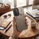 Matte hoes voor Samsung Galaxy A56 5G Wereldkaart met vliegtuig en vluchttraject Duurzaam en ultra dun Grijs met zwarte tekening Camera bescherming 2