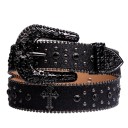 Μαύρη γυναικεία ζώνη από PU δέρμα 3,8 εκ. με τεχνητούς πολύτιμους λίθους Στυλάτη φαρδιά ζώνη με γυαλάδα Μοντέρνο αξεσουάρ 3