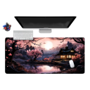 Maus- und Tastaturunterlage 400 x 900 x 2 mm Japanisches Motiv Rosa mit dunkler Natur Bäume Haus und Mond Große Schreibtischunterlage 2