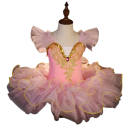 Meisjes ballet tutu jurk met gouden applicatie en volants mouwen, danskostuum van katoen en polyester voor klassiek ballet en optredens 6