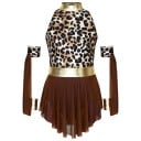 Meisjes dansoverall met luipaardprint en tule rok, bruine jumpsuit van nylon en elastaan met gouden riem voor jazz en moderne dans 1