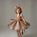 Meisjes kostuum giraffe Jurk met tutu rok en dierenprint Hoofdband met oren en hoorns Staart Satijn en kant Bruin en beige Voor carnaval 2