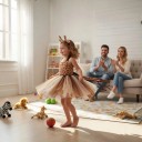Meisjes kostuum giraffe Jurk met tutu rok en dierenprint Hoofdband met oren en hoorns Staart Satijn en kant Bruin en beige Voor carnaval 4