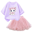 Meisjes zomer set T-shirt met korte mouwen en roze rok Ronde hals Kattenprint Katoen polyester comfortabele set 3