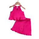 Meisjes zomer set top met dunne bandjes en shorts met rimpeling O-hals Lichtgewicht comfortabele set voor meisjes 2