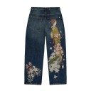 Men's Blue Jeans with Geisha and Flower Print, Low Waist, Loose Fit, with Pockets, Denim 1