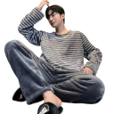 Men's Long Pyjamas Flannel Material Striped Pattern Loose Fit Comfortable Sleep Home Wear 1