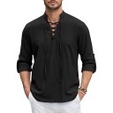 Men's Long Sleeve Shirt Plain Cotton and Linen Lace-Up Neckline Collar Casual Fit 1