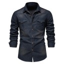 Men's Long Sleeve Shirt Plain Design Collar Pockets Button Fastening V-Neck Cotton 1