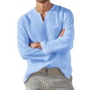 Men's Long Sleeve Shirt Plain Design V-Neck Comfortable Fit Natural Material Cotton and Linen 5