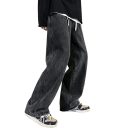 Men's Loose Plain Jeans with Pockets, Drawstring, Cotton and Polyester 8