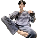 Men's Pyjama Set Long Sleeve Top and Trousers Striped Comfortable Fit Two-Piece Set Polyester Spandex 2