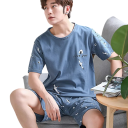 Men's Pyjama Set T-Shirt with Short Sleeves and Shorts Blue with Seagull Print Inscription I Love You Summer Set Polyester Spandex 3
