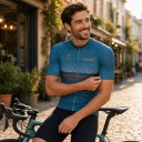 Men's Short Sleeve Cycling Jersey with Full Length Zip and White and Orange Checkered Pattern Across the Chest in Blue 4
