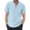 Men's Short Sleeve Shirt Plain Design Half Button Opening Pocket Button Fastening Cotton and Linen 5
