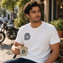 Men's Short Sleeve T-Shirt with Biker Helmet Print Featuring Caffeine & Gasoline Text on the Back and Chest and Round Neckline 4