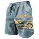 Men's Summer Breathable Shorts with Old School Motorcycle Print Drawstring Lightweight Material Vintage Style Comfortable Shorts for Summer 1