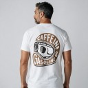Men's T-shirt with Brown Print of a Biker Helmet and the Text Caffeine & Gasoline on the Back and Chest with Short Sleeves in Retro Style 4