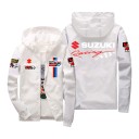 Men's Windproof Jacket with Hood and Zip Featuring Motorcycle Racing Style Prints on the Chest and Back with Elastic Cuffs 9