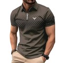Men's Zip Polo Shirt with V-Neck and Collar Short Sleeve Plain with Subtle Pattern Print on Chest Polyester 4