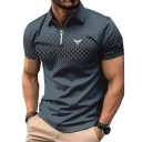 Men's Zip Polo Shirt with V-Neck and Collar Short Sleeve Plain with Subtle Pattern Print on Chest Polyester 3