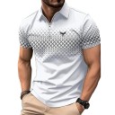 Men's Zip Polo Shirt with V-Neck and Collar Short Sleeve Plain with Subtle Pattern Print on Chest Polyester 1